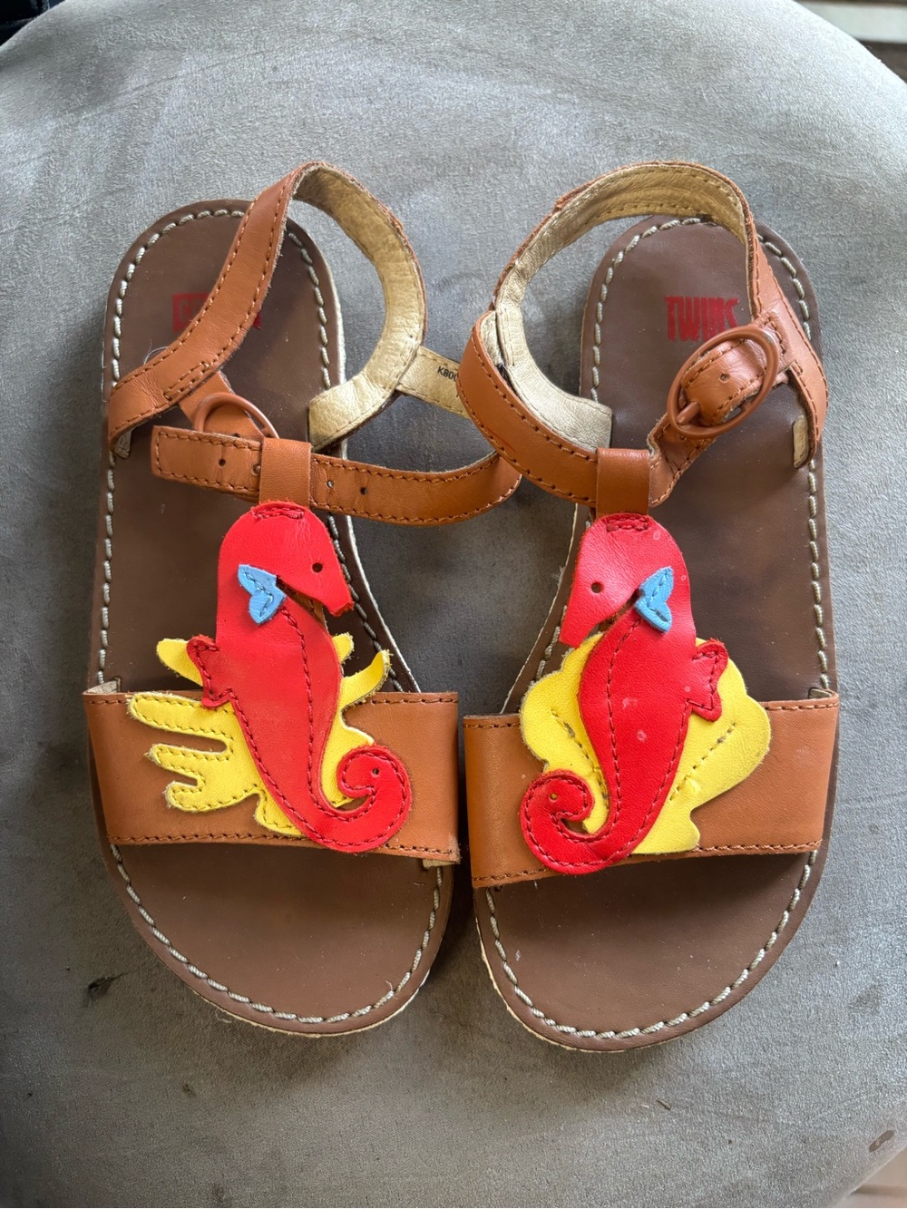 Size 11.5 (29) Camper Kids Seahorse brown/ Multicolored TWINS sandal.  In EUC!